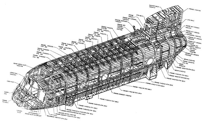 A drawing of the CH-47D Chinook helicopter showing the left side of the airframe and the stringer/longeron layout.