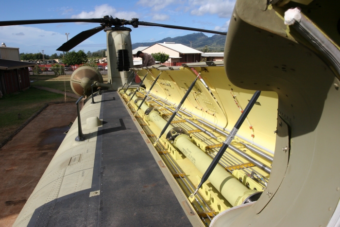 The top of the CH-47F, with the Tunnel Covers open, looking aft towards the Aft Pylon.