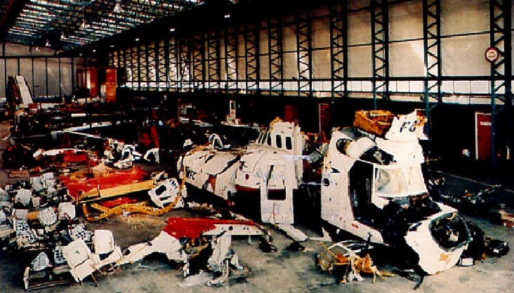 The remains of G-BWFC during the post crash investigation.