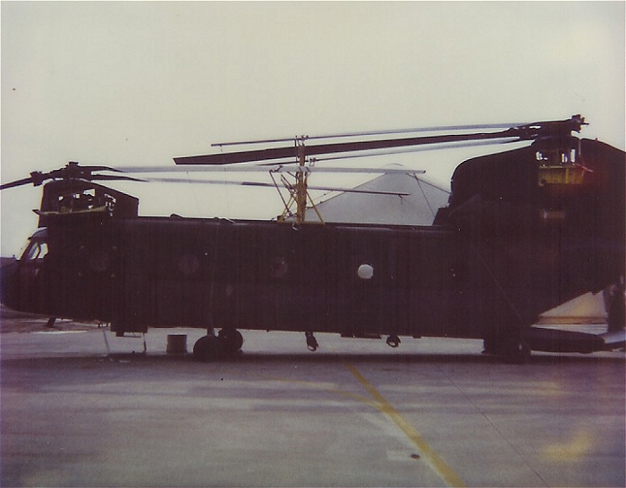 Folded blades on a CH-47D Chinook helicopter at Aviano Air Base in Italy, circa late 90s.