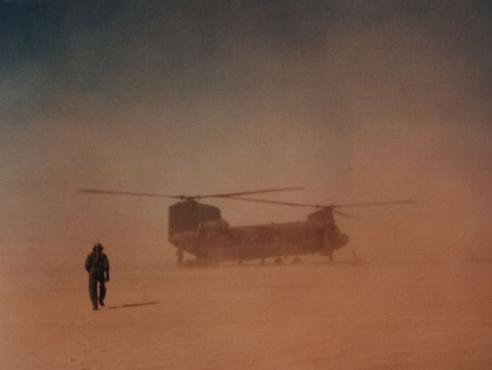 A Boeing CH-47 Chinook awaiting a launch decision during Operation Desert Storm.