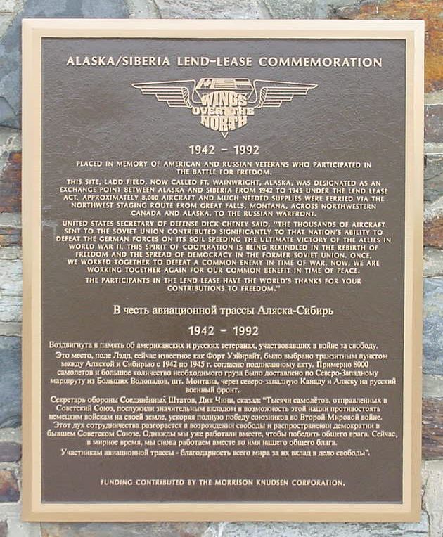 Brass plaque outside Hangar 1 commemorating the efforts conducted at Ladd Field during World War Two in assisting the Russian Army to defeat the Nazis.