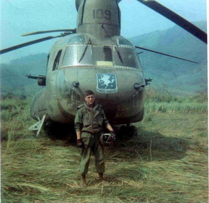SP5 Pat Murphy standing in front of 64-13109 while in the Republic of Vietnam, circa mid-1968.