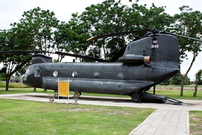 July 2012: CH-47A Chinook helicopter 64-13148 on display at the museum in Lop Buri, Thailand.