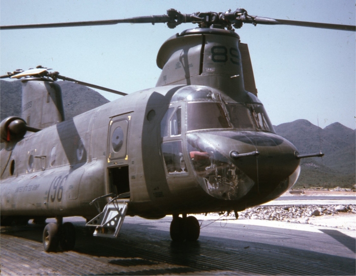 CH-47A Chinook helicopter 66-00089 on the flight line at Camp Lane, in the Republic of Vietnam, early 1967.