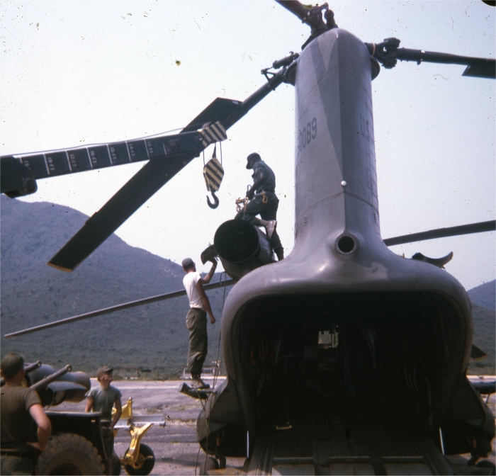 CH-47A Chinook helicopter undergoing an engine change at an unknown location in the Republic of Vietnam.