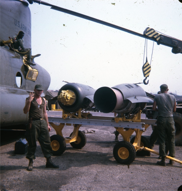 CH-47A Chinook helicopter undergoing an engine change at an unknown location in the Republic of Vietnam.