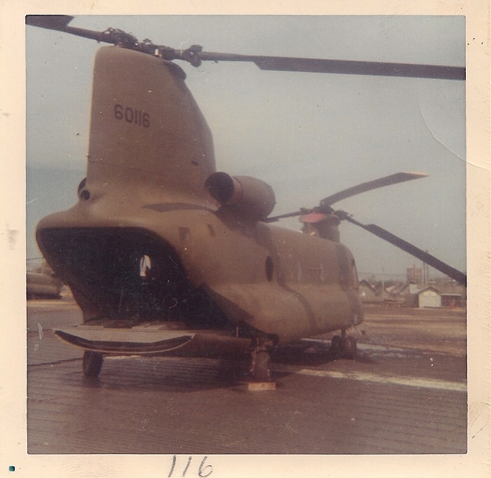 66-00116 at Qui Nhon after its 1800 hour rebuild. Following the rebuild, 66-00116 was returned to the 205th Assault Support Helicopter Company (ASHC) located at Phu Loi, in the Republic of Vietnam. SP6 Roger Knueve was the Flight Engineer assigned to the aircraft at the time.