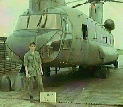 66-19017 and SP5 Andrew Elder, Crew Chief, while assigned to the 242nd Assault Support Helicopter Company (ASHC) - "Muleskinners" at the North Forty of Cu Chi, Republic of South Vietnam (RVN). The 242nd ASHC was subordinate to the 269th Combat Aviation Battalion (CAB), 1st Aviation Brigade, 25th Infantry Division.