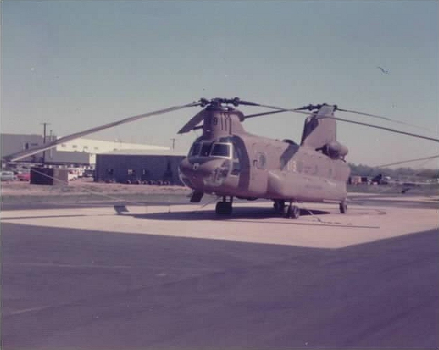 CH-47B Chinook helicopter 66-19119 sitting on the flight line at Fort Campbell, Kentucky, 1976.
