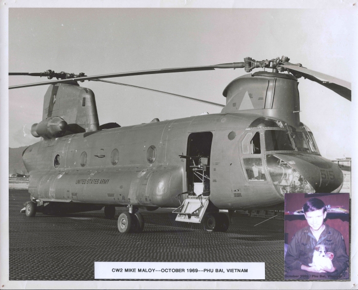 October 1969: CH-47C Chinook helicopter 67-18515 on Liftmaster Pad at Phu Bai, South Vietnam. CW2 Mike Maloy, then assigned to C Company, 159th Assault Support Helicopter Battalion, 101 Airborne Division, is pictured.