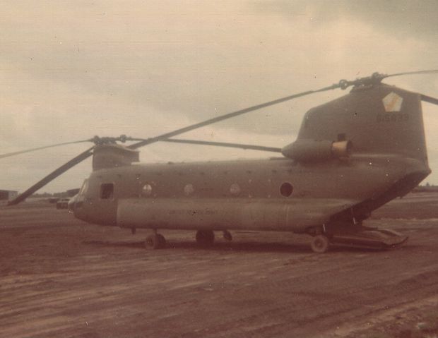 CH-47C Chinook helicopter 68-15833 in the Dong Tam area of South Vietnam in support of 9th Infantry troops, date unknown.