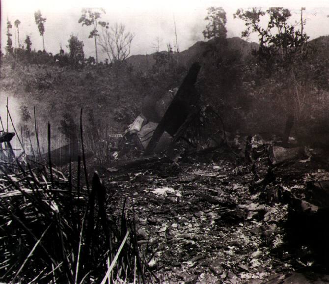 CH-47C 69-17120's final resting place at the bottom of the hill where Fire Support Base (FSB) Mary Ann was located in the Republic of Vietnam. In the center of the picture, the forward pylon can be seen resting on it's right side.