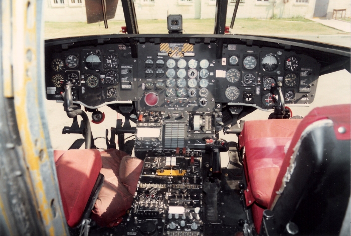 The cockpit of CH-47C Chinook helicopter 70-15032, circa 1985.