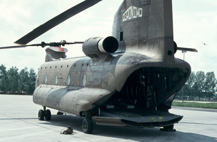 A photograph of CH-47C Chinook helicopter 70-15032 taken in the mid-1970s at Lahr, West Germany.