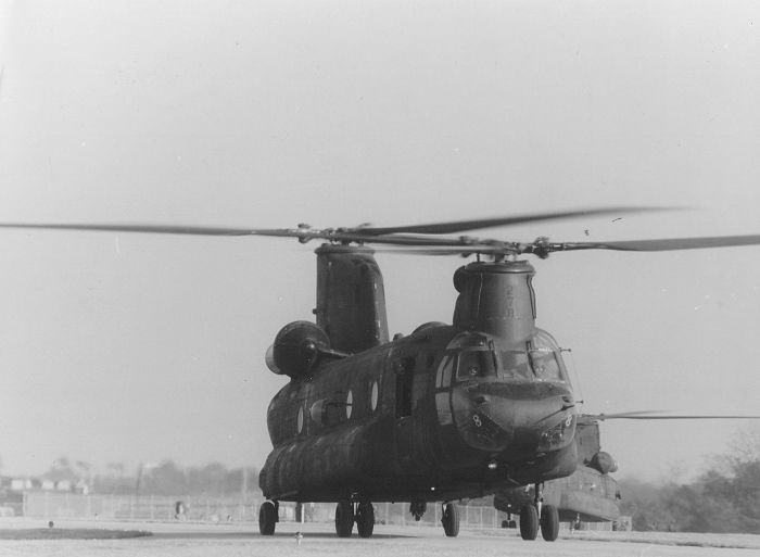 Chinook 74-22278 in Korea after the "Innkeepers" flew all 16 aircraft at once to demonstrate that the unit had 100 percent flyable aircraft, late 1987.