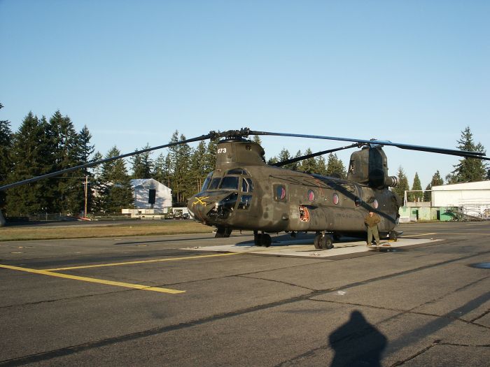 Chinook helicopter 86-01673 at Fort Lewis, Washington, after undergoing RESET and being readied for test flight under the auspices of Project OLR with the contractor Lear-Siegler Incorporated (LSI) in October 2008.
