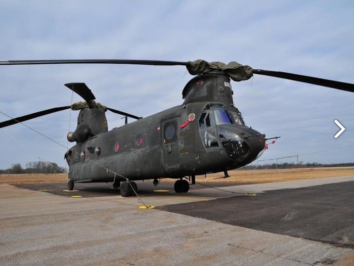 CH-47D Chinook helicopter 86-01682 resting on the ramp at Madison Executive Airport (KMDQ), Meridianville, Alabama, during the auction process as it went up for sale to the highest bidder on the commercial market.