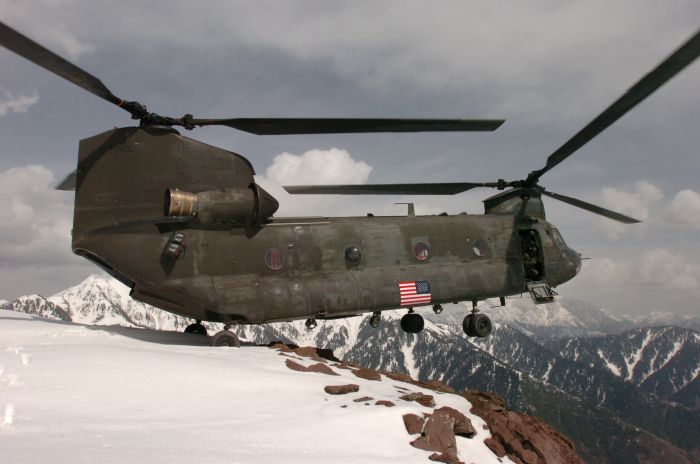 87-00100 was deployed to Pakistan for disaster relief operations after a major earthquake devastated a portion of the country. This photograph was taken by SGT Marcell T. Scott in February 2006 at the 10,300 foot level in the mountains affected by the quake.