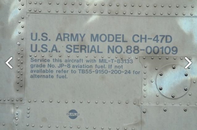 The identifying information painted on the fuselage just aft of the left pilots door of CH-47D Chinook helicopter 88-00109 as it sat at Madison Executive Airport (KMDQ), Meridianville, Alabama, during the auction process as it went up for sale to the highest bidder on the commercial market.