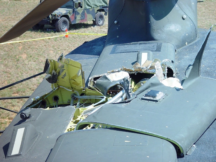 July 2002: A view looking forward at the damage caused by the blade strike.