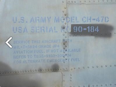 Identifying information from left front side of CH-47D Chinook helicopter 90-00184 sitting at Madison Executive Airport (KMDQ), Meridianville, Alabama, during the auction process as it went up for sale to the highest bidder on the commercial market.
