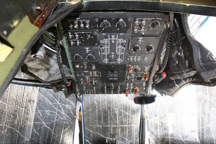 The Overhead Panel installed in the cockpit of 91-00256. Many systems can be operated by the pilots from this panel. Items such as engine start and shutdown, lighting switches, and cargo hook activation, to name a few, can be controlled from here.