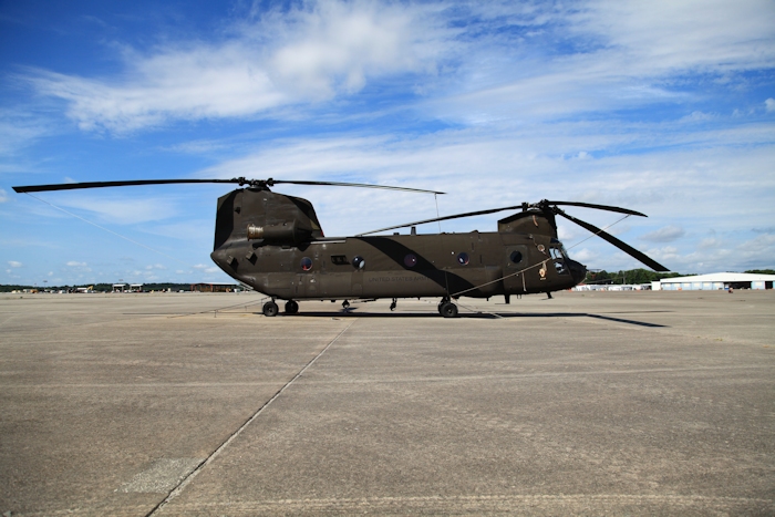 11 July 2013: CH-47D Chinook helicopter 91-00268, 50 years old on 31 May 2013, rests on the ramp at Hunter Army Airfield, Fort Stewart, Georgia.