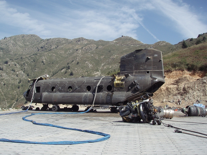 CH-47D Chinook helicopter 92-00291 and all the removed components are ready for sling load transport from the LZ at Ghaki Pass.