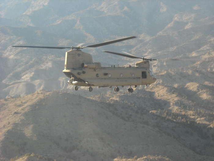 Early 2009: CH-47F Chinook helicopter 05-08016 on a mission somewhere in the mountains of Afghanistan.