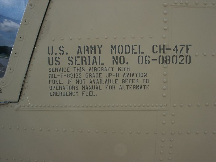 The identification data painted on the left side of 06-08020 just aft of the cockpit door while it was sitting on the west ramp of Knox Army Airfield, Fort Rucker, Alabama, on 16 July 2007.