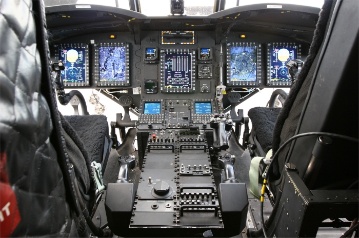 21 September 2011: The cockpit of CH-47F Chinook helicopter 07-08735 showing the advanced equipment included on the F model version of the aircraft. Five Multi-Function Displays (MFD) are included that give the aviator superior cockpit management tools for situational awareness. Moving map displays, integrated with dual Global Positioning Systems (GPS) and Inertial Navigation Units (INU), provide the pilots with precise navigation information regardless of the weather or environmental conditions.