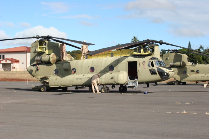 14 September 2011: CH-47F Chinook helicopter 07-08738 rests on the ramp in the Army National Guard parking area after assignment to the "Voyagers". The aircraft was undergoing preflight for a mission in support of qualification training of aircrews assigned to the "Voyagers".