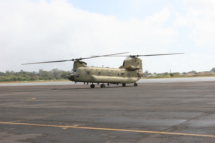 8 December 2011:  CH-47F Chinook helicopter 07-08738 taxies back into parking on the Army National Guard ramp at Wheeler Army Airfield, Oahu, Hawaii, after completing an Aircraft Qualification Course flight conducted by members of the S3 Incorporated New Equipment Training Team (NETT).