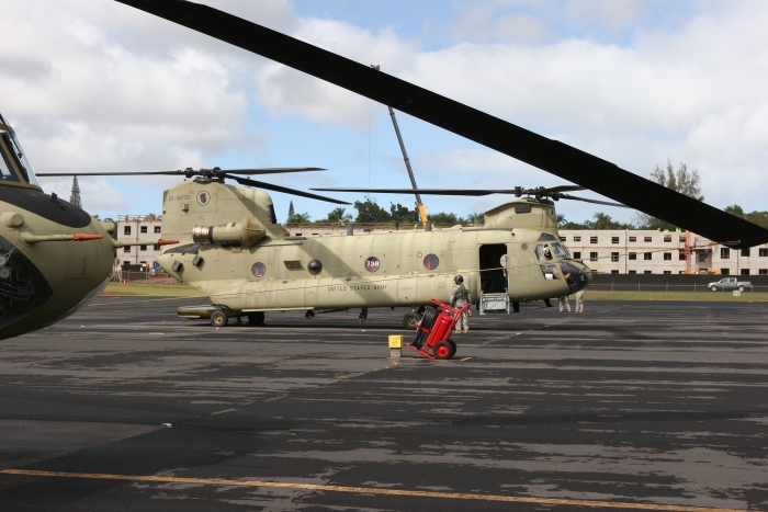 8 December 2011:  CH-47F Chinook helicopter 07-08738 undergoing engine shutdown on the Army National Guard ramp at Wheeler Army Airfield, Oahu, Hawaii, after completing an Aircraft Qualification Course flight conducted by members of the S3 Incorporated New Equipment Training Team (NETT).