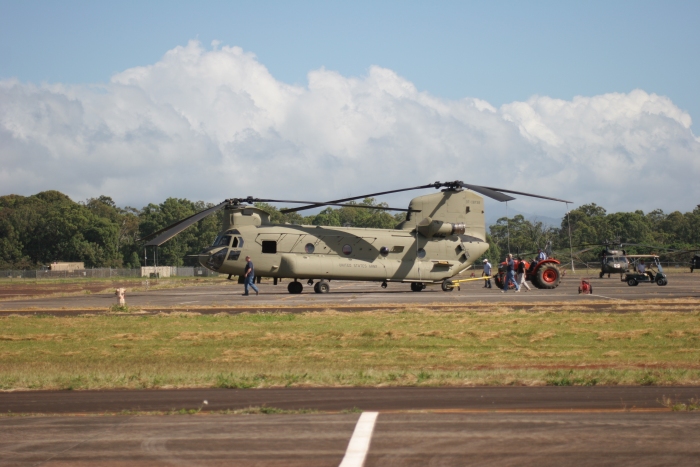 1 February 2011: CH-47F Chinook helicopter 07-08738 gets towed to the Hillclimber parking ramp after receiving an engine wash.