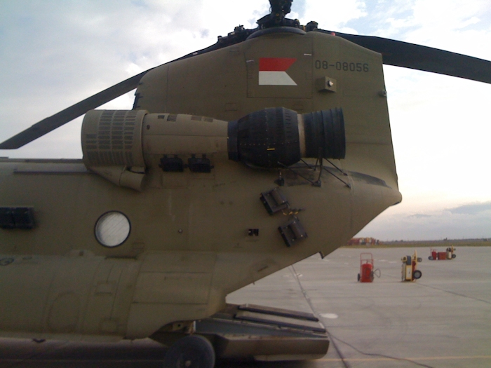 The Aft Pylon of CH-47F Chinook helicopter 08-08056 showing the Cav Flag while the aircraft was assigned to B Company, 6-6 CAV.