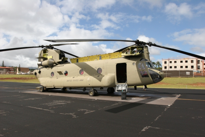 8 December 2011: CH-47F Chinook helicopter 08-08765 rests on the Army National Guard ramp at Wheeler Army Airfield, Oahu, Hawaii. 08-08765 was transferred to Company B - "Voyagers", 171st Aviation, in late November and utilized by members of the S3 Incorporated New Equipment Training Team (NETT) to support the aircraft qualification of unit aircrew members.