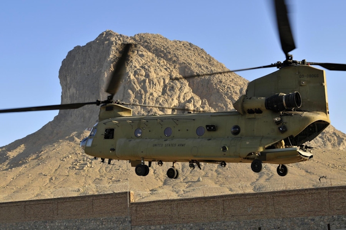 3 June 2012: 09-08066, a CH-47F Chinook helicopter from Company B - "Hillclimbers", 3rd Battalion, 25th Aviation Regiment, 25th Combat Aviation Brigade, Hawaii, lifts off to reposition itself to sling load an Mi-17 helicopter during an aircraft recovery mission somewhere in Afghanistan.