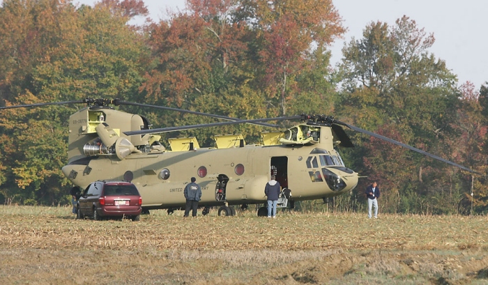 Monday, 24 October 2011: CH-47F Chinook helicopter 09-08778 made an emergency landing in a cornfield near Lower Alloways Creek Township, New Jersey, late Sunday afternoon. The details are unknown.