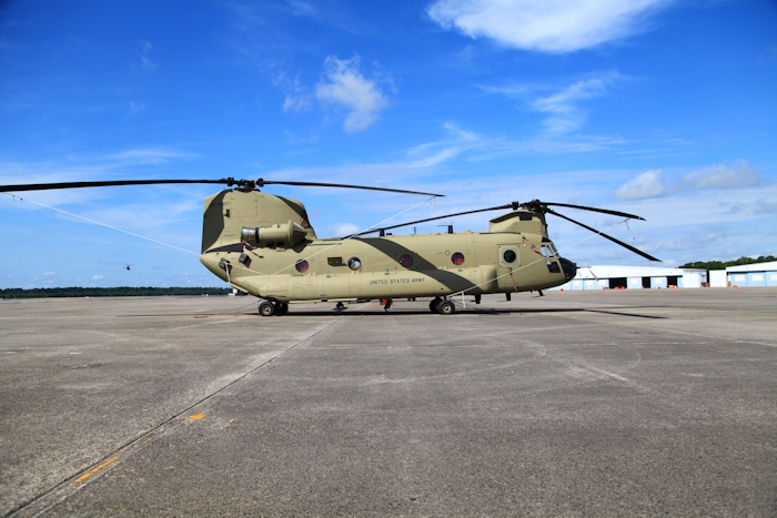 11 July 2013: CH-47F Chinook helicopter 09-08827 rests on the ramp at Hunter Army Airfield, Fort Stewart, Georgia.