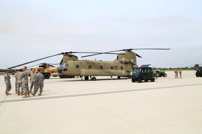 20 September 2012: CH-47F Chinook helicopter 10-08804 arrives at Marshall Army Airfield (KFRI) and the flight is met by unit personnel, the Boeing Maintenance Team, and other interested parties.