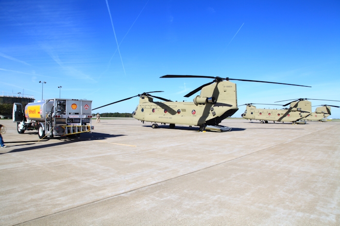 20 September 2012: CH-47F Chinook helicopter 10-08804 sits on the ramp at Quincy Regional Airport (KUIN), Illinois, during a fuel stop while enroute to Marshall Army Airfield (KFRI).
