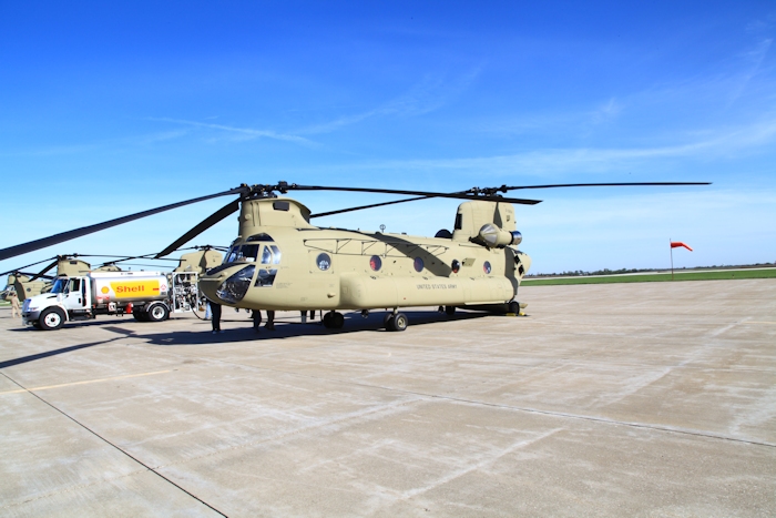 20 September 2012: CH-47F Chinook helicopter 10-08804 receives fuel at Quincy Regional Airport (KUIN), Illinois, during a stop while enroute to Marshall Army Airfield (KFRI).
