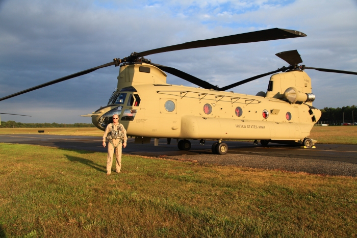 26 September 2012:  CH-47F Pilot Brock Tedrick poses for a photograph just before the Sortie Two ferry flight departs Millville Municipal Airport, New Jersey, enroute to Fort Riley.