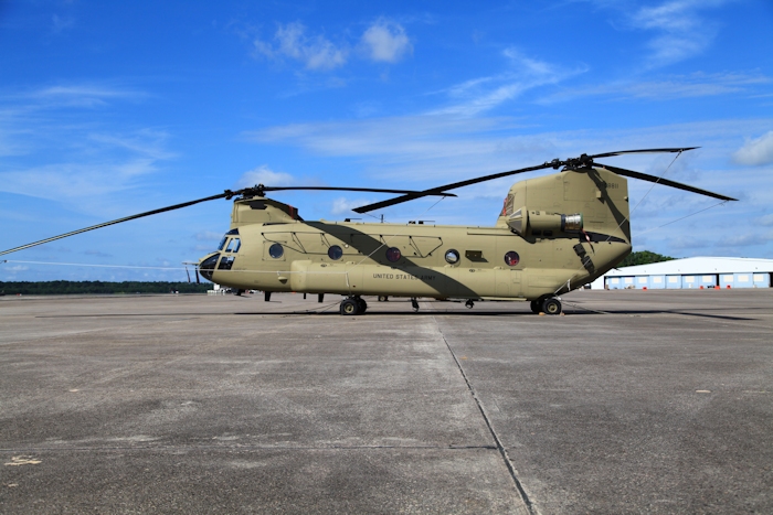 11 July 2013: CH-47F Chinook helicopter 10-08811 rests on the ramp at Hunter Army Airfield, Fort Stewart, Georgia.