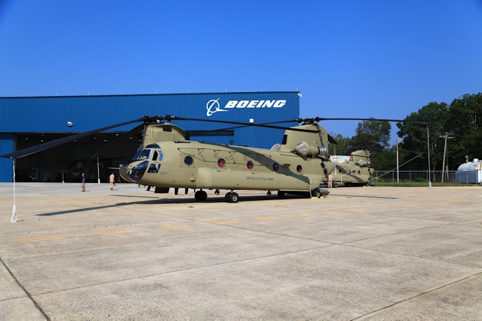 11 September 2013: CH-47F Chinook helicopter 11-08841 rests on the ramp at the Boeing Millville facility, Millville Municipal Airport (KMIV), New Jersey, awaiting movement to the Port of Baltimore for ship transport to the Republic of Korea.