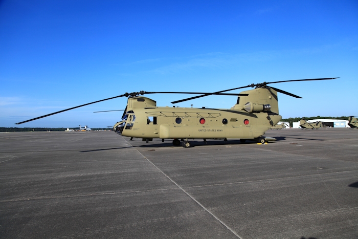 26 August 2013: CH-47F Chinook helicopter 11-08842 rests on the ramp at Hunter Army Airfield awaiting movement to Colorado to support the train up and qualification of aircrews from the Colorado Army National Guard.