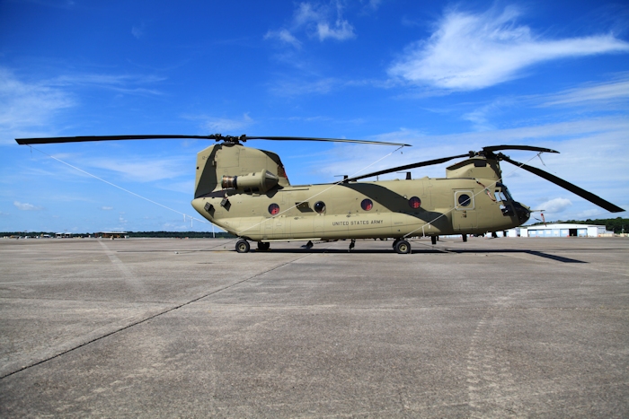 11 July 2013: CH-47F Chinook helicopter 12-08099 rests on the ramp at Hunter Army Airfield, Fort Stewart, Georgia.