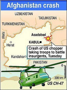 Map of Afghanistan locating the crash of a US Chinook helicopter that was carrying troops on a mission to battle insurgents.